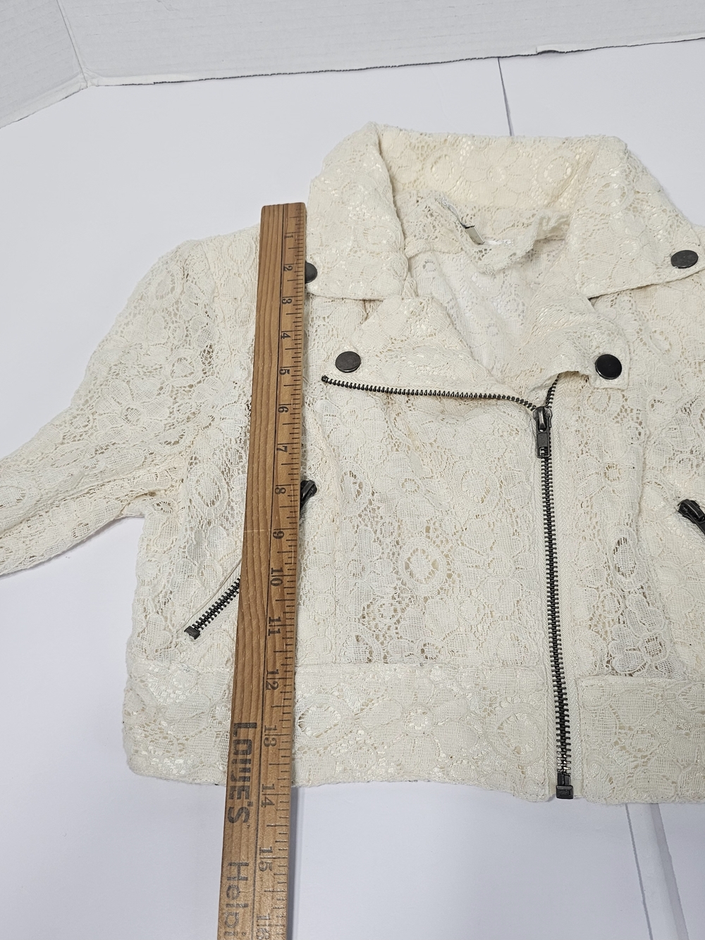 Y2K Dani Ivory Lace Moto Jacket Women's Sz  M Cropped 3/4 Sleeve Biker Boho Chic - Picture 4 of 15